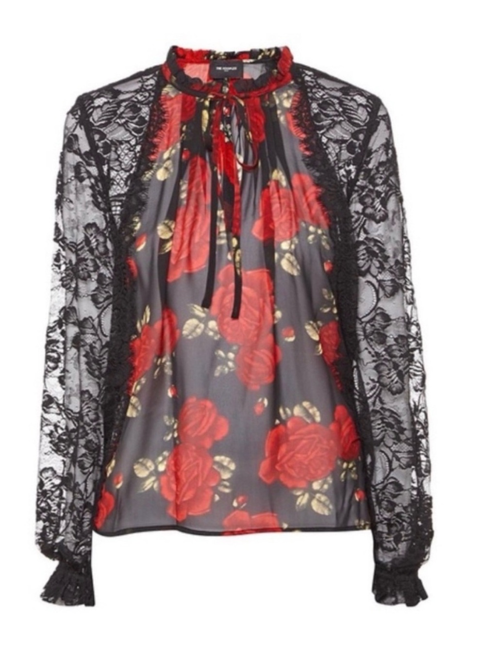 The Kooples Black Sheer Blouse with Red Rose Print and Lace